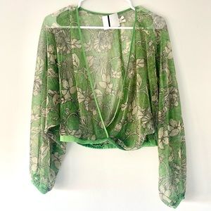 Urban Outfitters Sheer Green Floral Sparkly Wrap Blouse